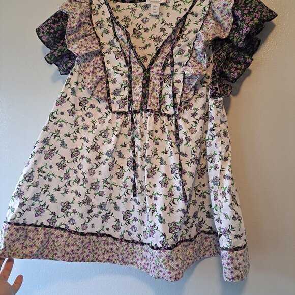 CAROLINA BELLE Montreal Purple Floral Cotton Flutter Sleeve Blouse Shirt Size S - Picture 6 of 11